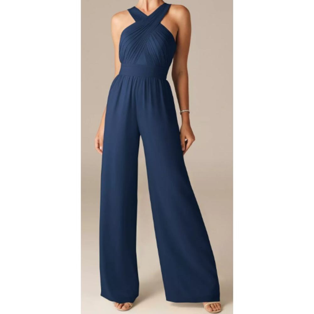 Cross-Neck Wide-Leg Jumpsuit in Navy